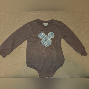 Disney Brown Long Sleeve Onesie with Blue Plaid Mickey